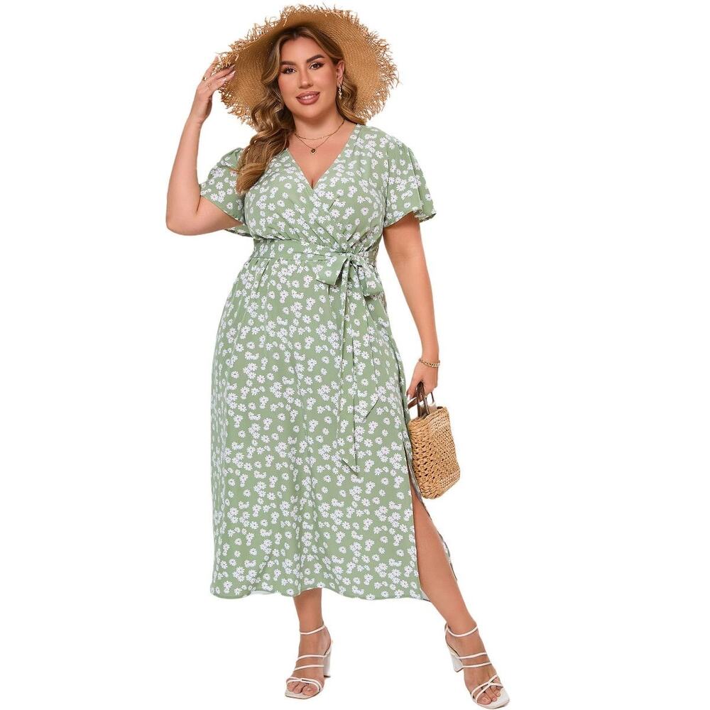 Green Floral Wrap Maxi Dress 4XL Short Sleeve V-Neck Slit Belt A-Line Dress